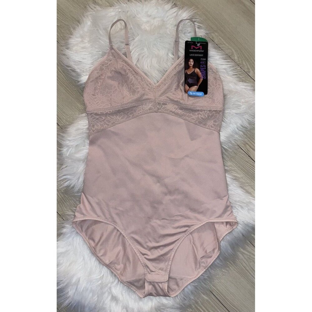 Maidenform DMS097 Lace Tame Your Tummy Bodysuit Shapewear Womens L Large Pink
